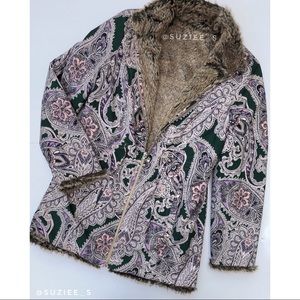 Chicos Floral Paisley Printed Reversible Faux Fur Coat Jacket S